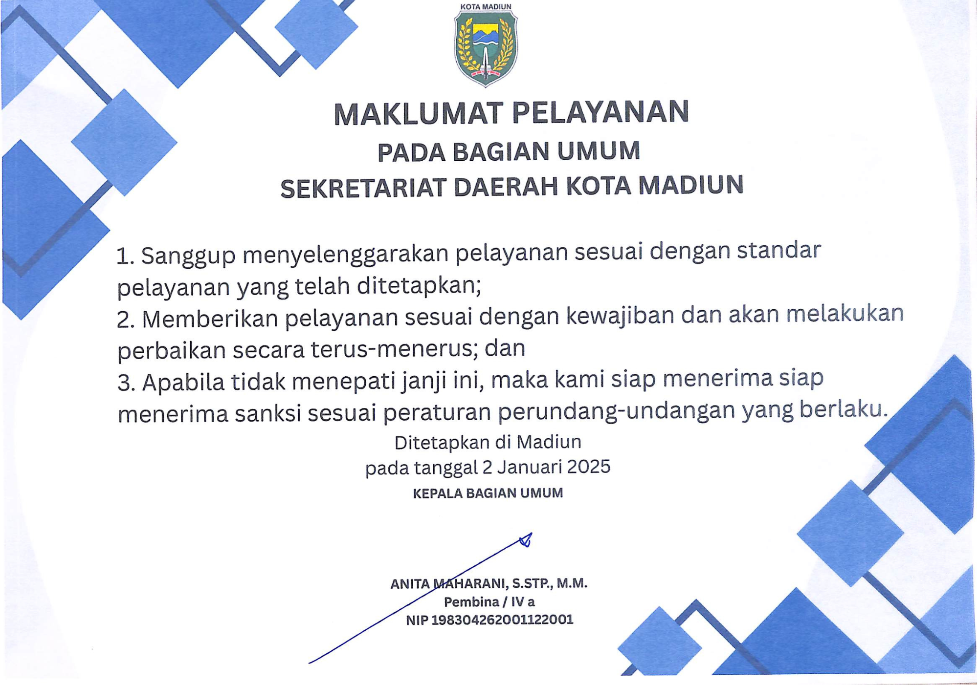 Maklumat Pelayanan Bagian Umum Tahun 2025